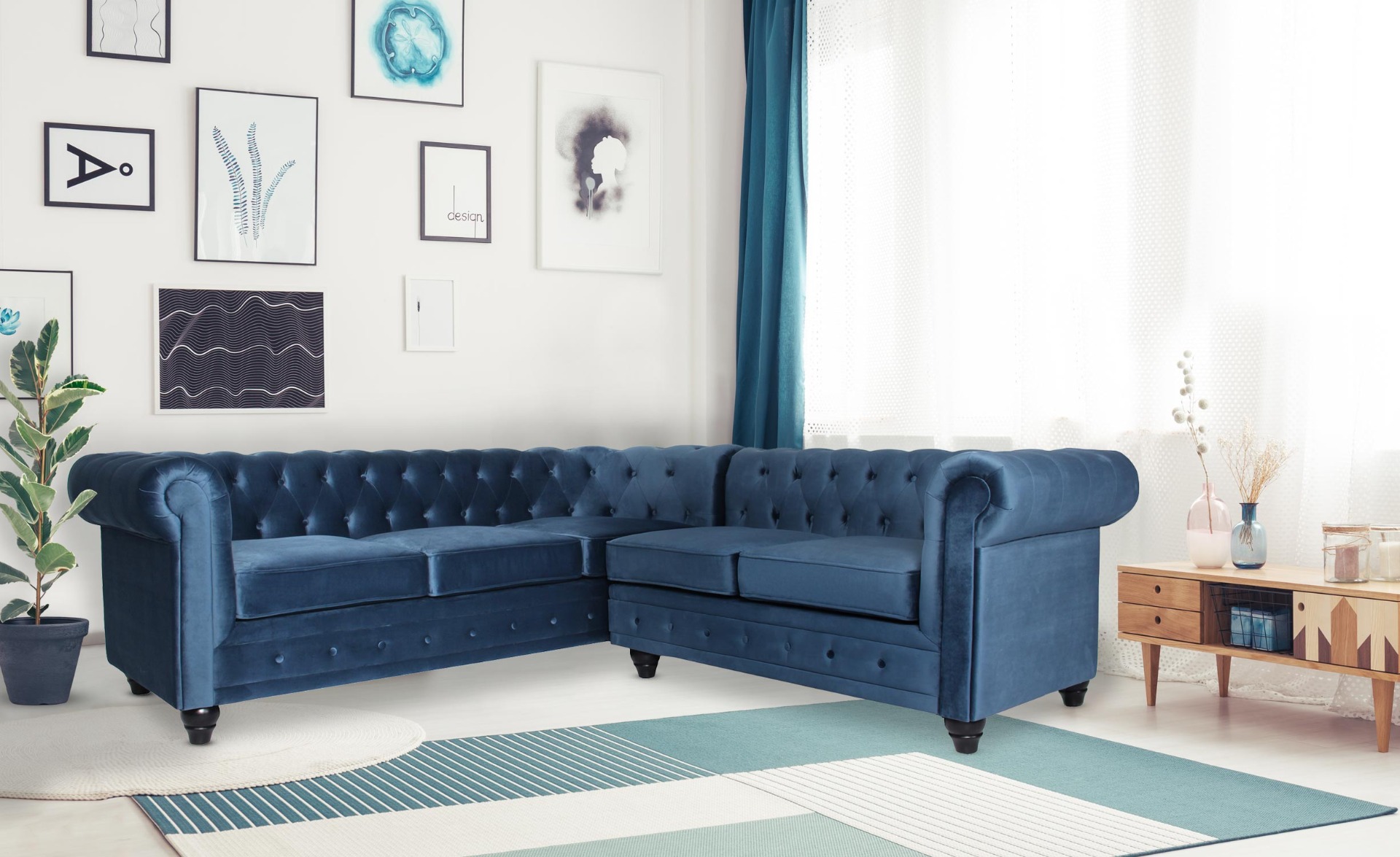 Canapé d'angle capitonné style chesterfield Gustave Velours Bleu