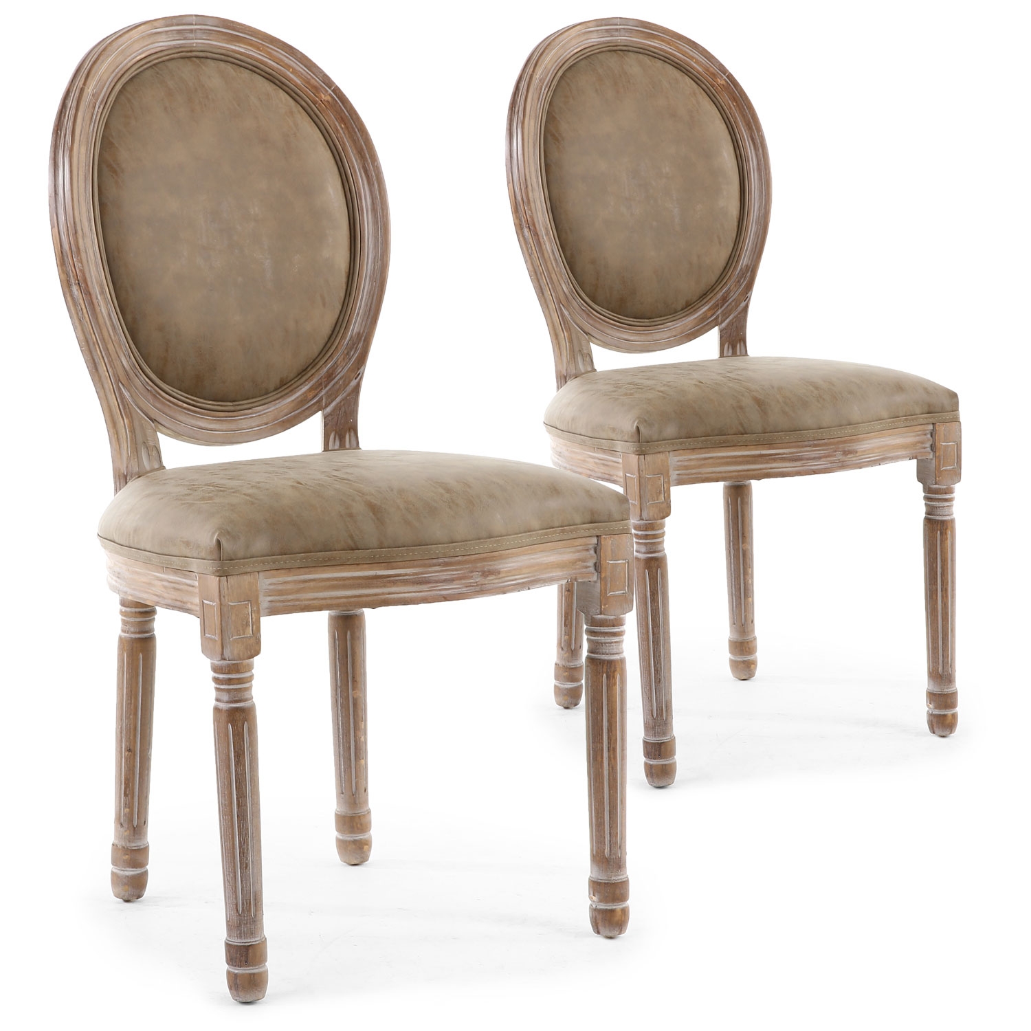 Lot de 2 chaises de style médaillon Louis XVI Bois patiné & simili taupe