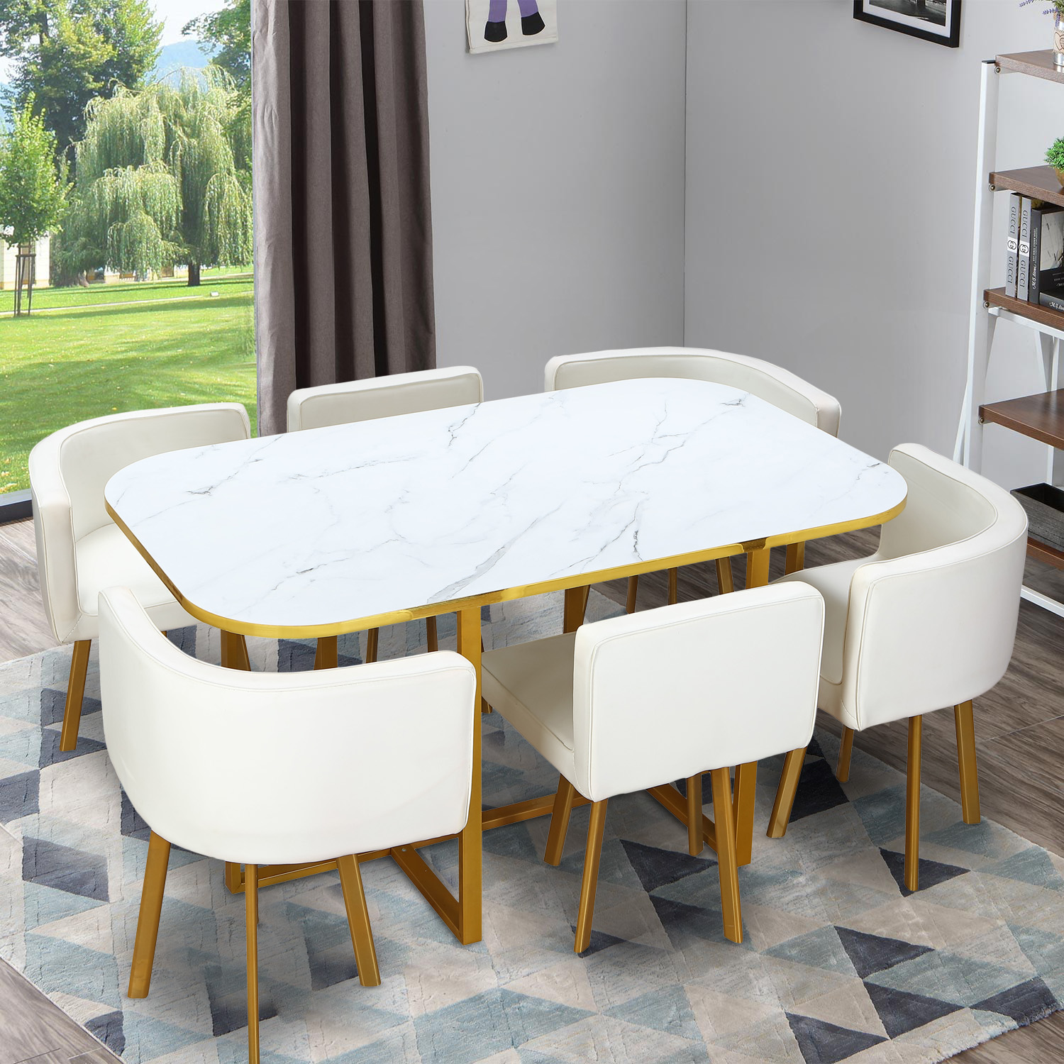 Table et chaises Oslo XL Or Effet Marbre Blanc et Simili Blanc
