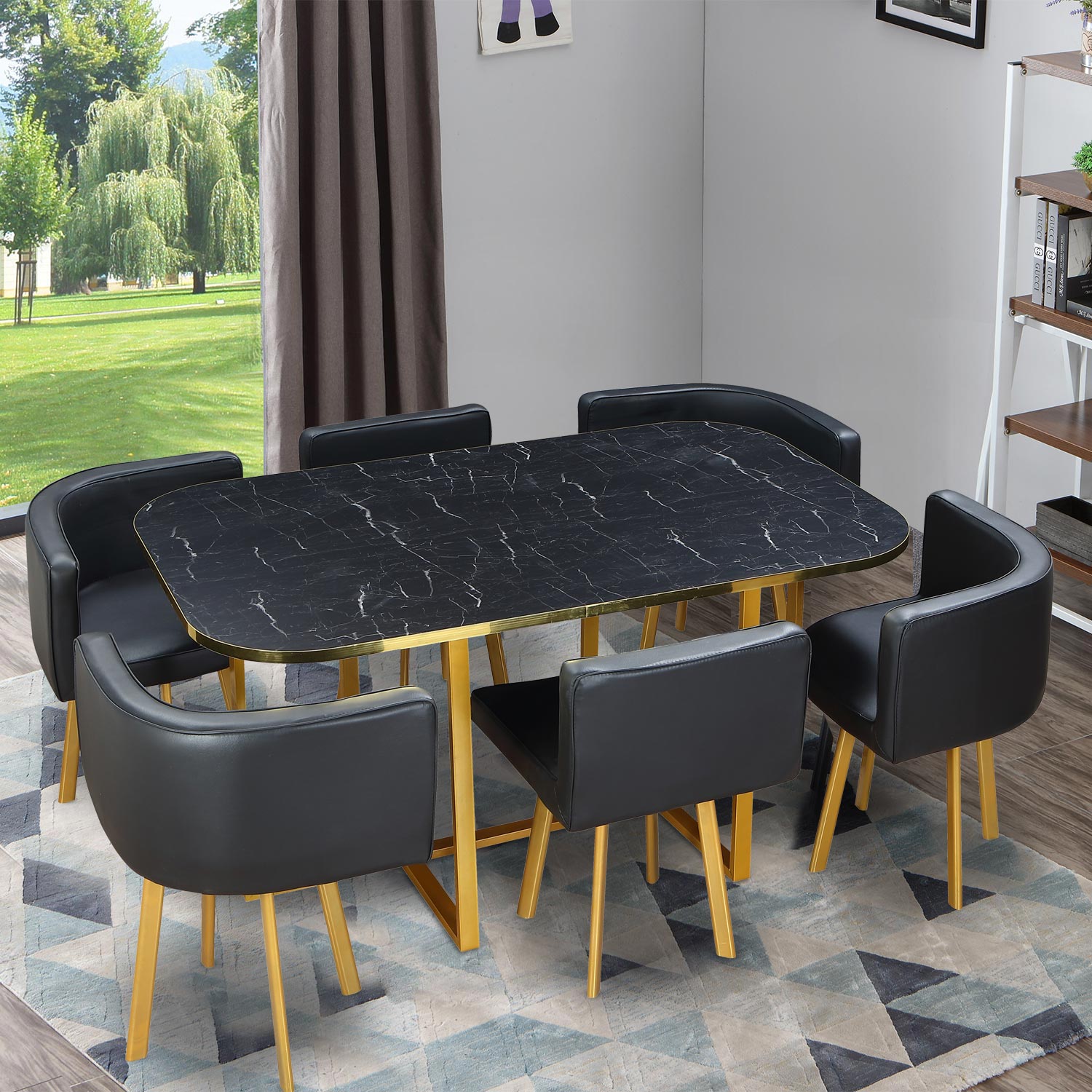 Table et chaises Oslo XL Or Effet Marbre Noir et Simili Noir